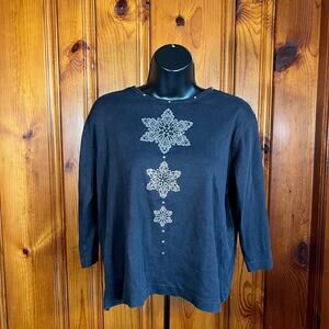 Las Olas L Y2K Holiday Glam Top Black Rhinestone Snowflake 3/4 Sleeve